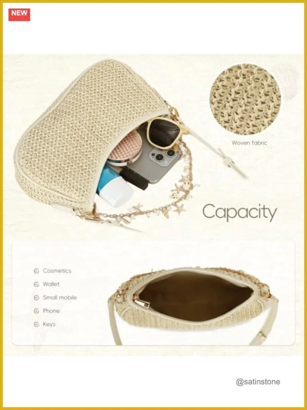 Woven Raffia Hobo Bag with Seashell Charm Chain, Adjustable Strap